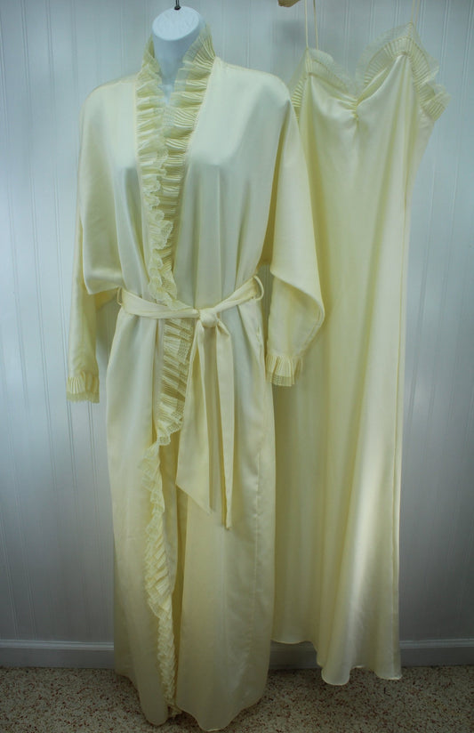 Bill Tice Nightgown Peignoir Set Ivory Pleated Polyester Lace Full Length Size Medium