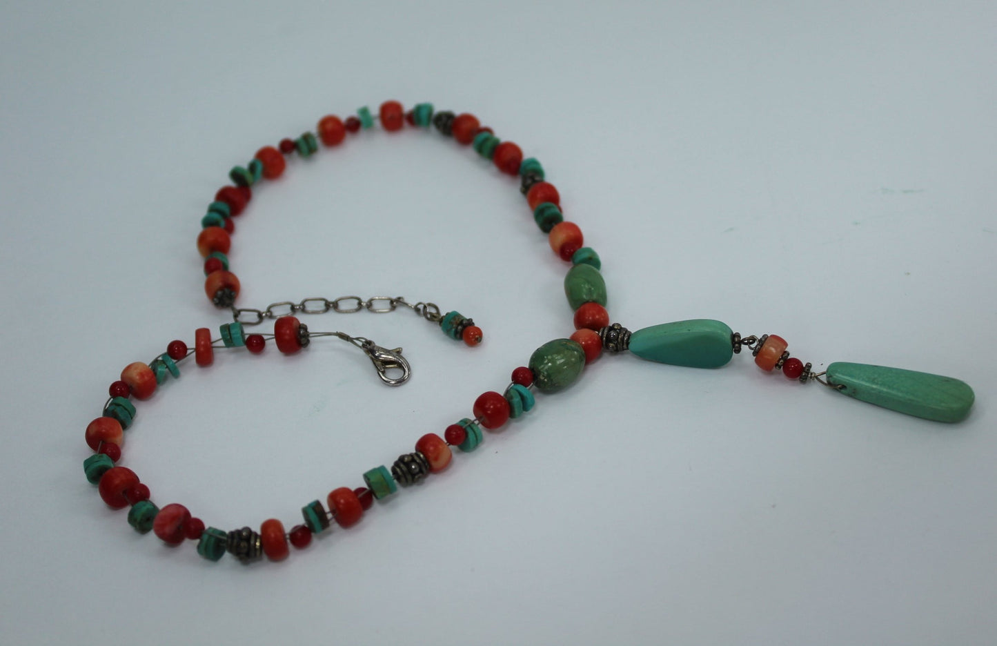 Necklace Turquoise Coral Red Stones Silver Beads Variety Shapes Great Feel Look
