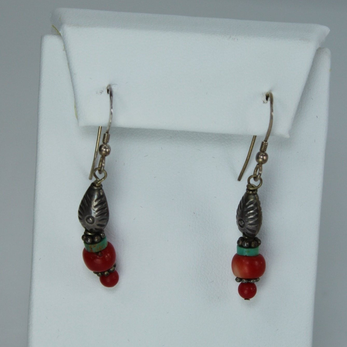 Earrings Turquoise Coral Red Stones Silver Fish Beads Fish Shepherd Hook
