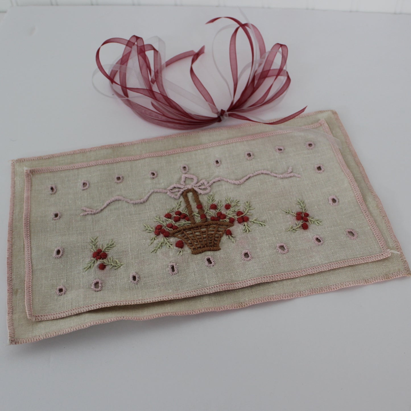 Small Intricately Embroidered Pillow Case Pin Cushion Sachet top bottom and ribbon