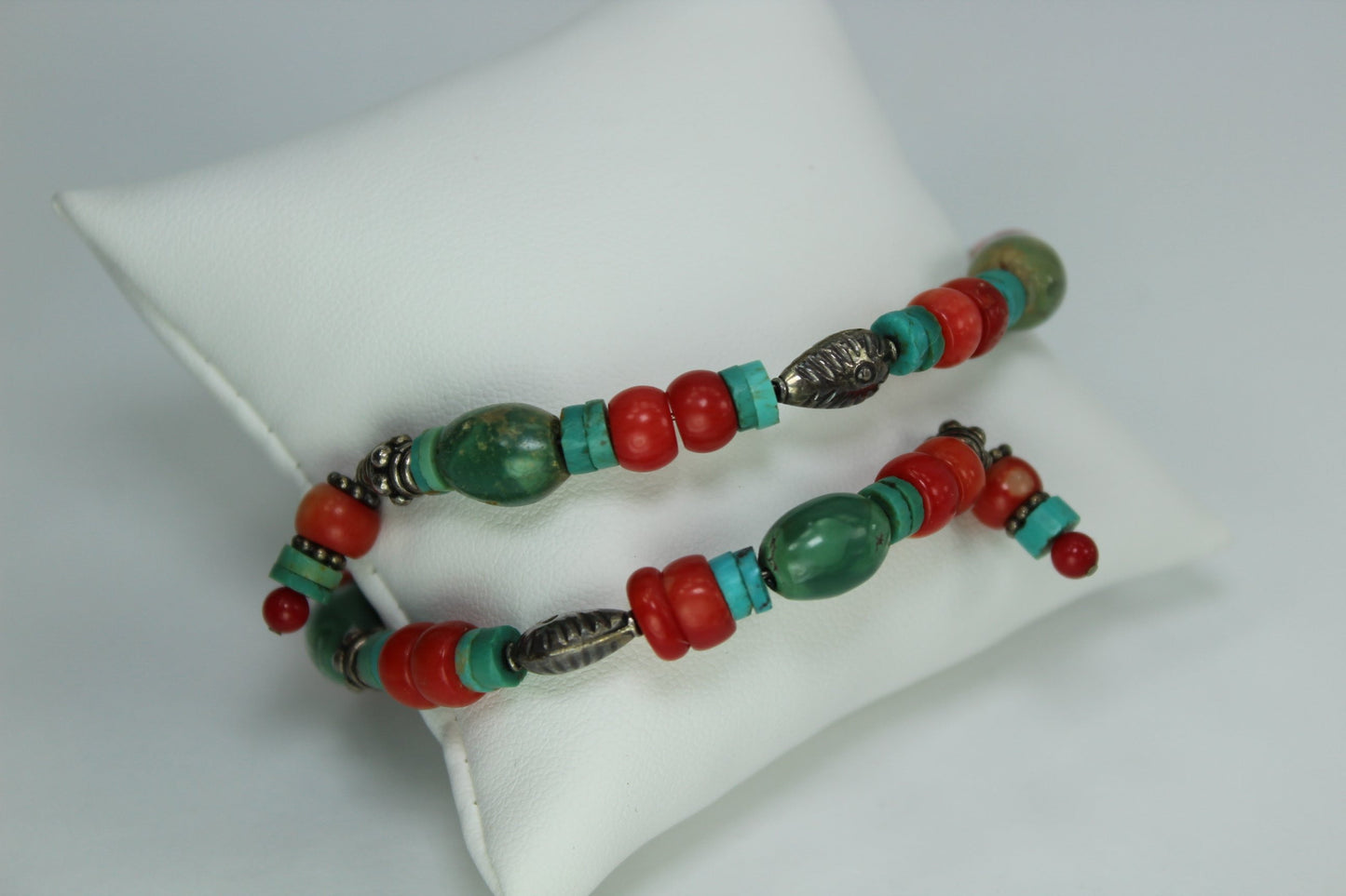 Bracelet Turquoise Coral Red Stones Silver Beads Variety Shapes Wired Adjustable unusual