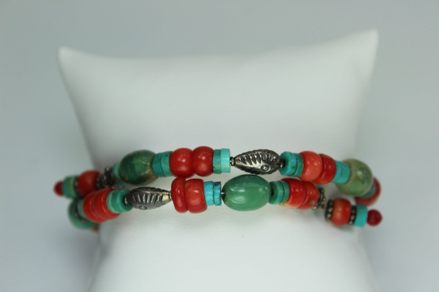 Bracelet Turquoise Coral Red Stones Silver Beads Variety Shapes Wired Adjustable fantastic colors