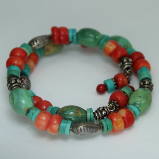 Bracelet Turquoise Coral Red Stones Silver Beads Variety Shapes Wired Adjustable