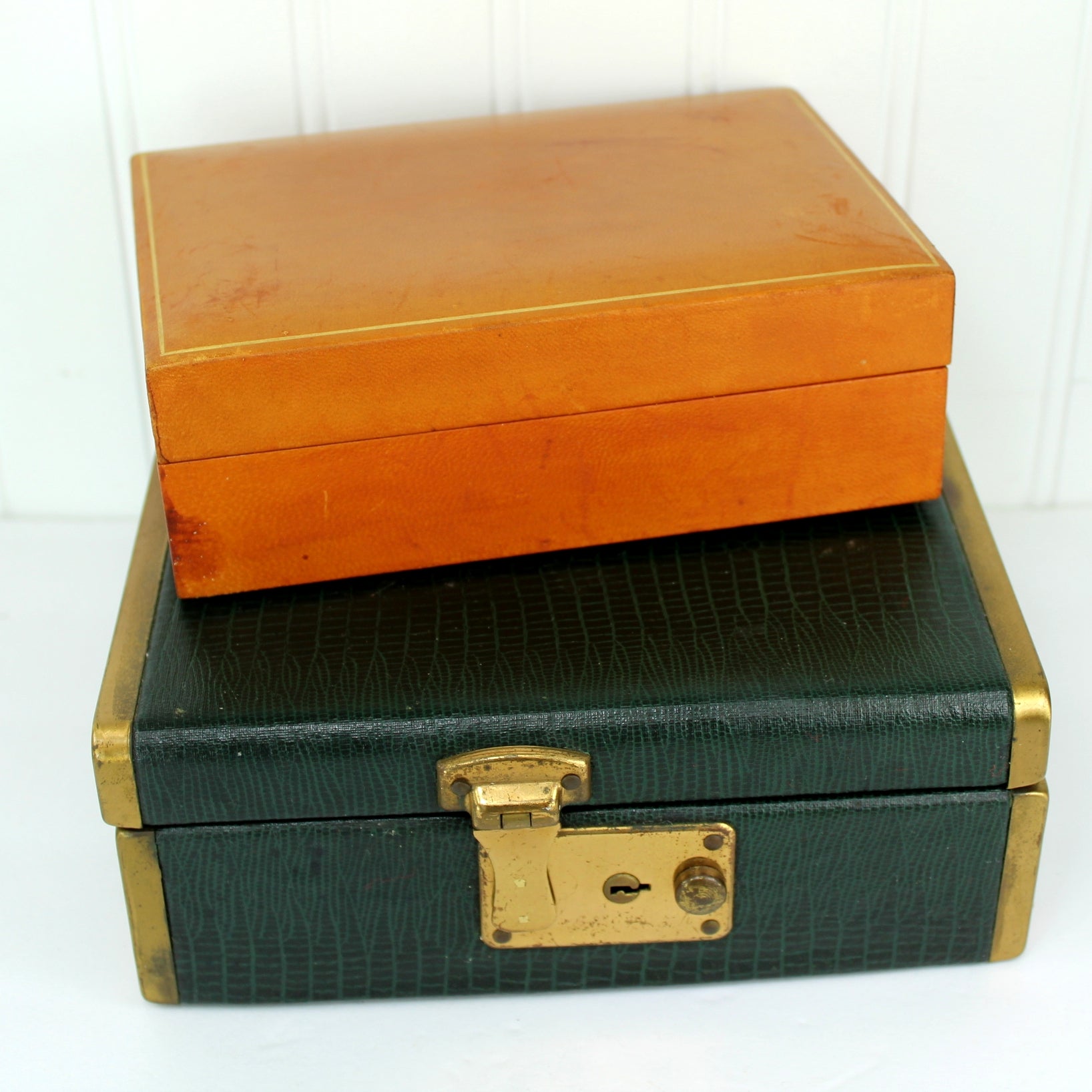 Mid Century Jewel Boxes Brown Leather Green Faux Skin
