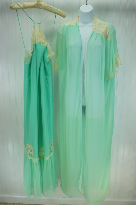 LILIANNE Gown Peignoir Robe Set  Aqua Polyester Nude Wide Lace Size M