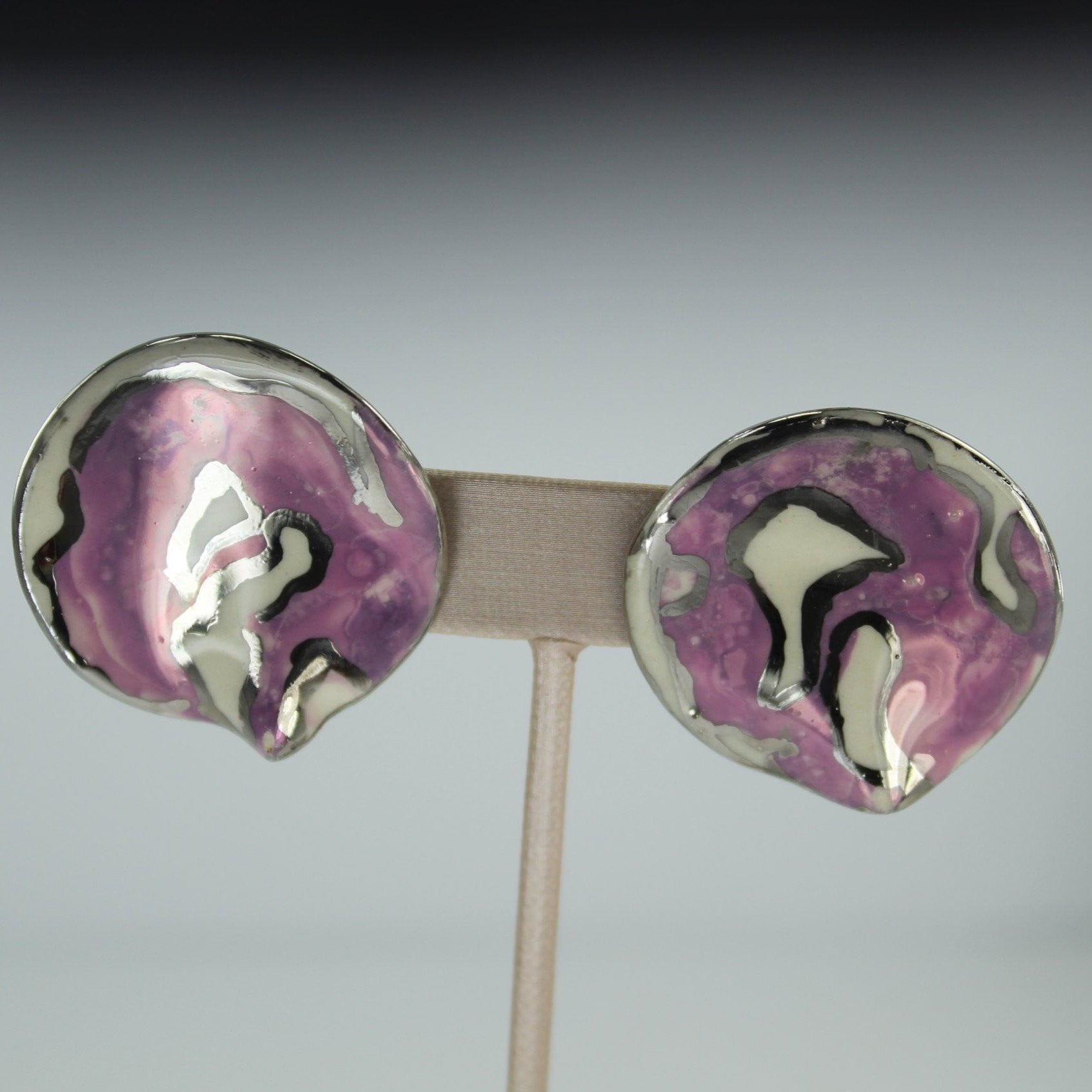 Vintage Post Earrings Large Ceramic Free Form Lavender Purple White Silver hand made