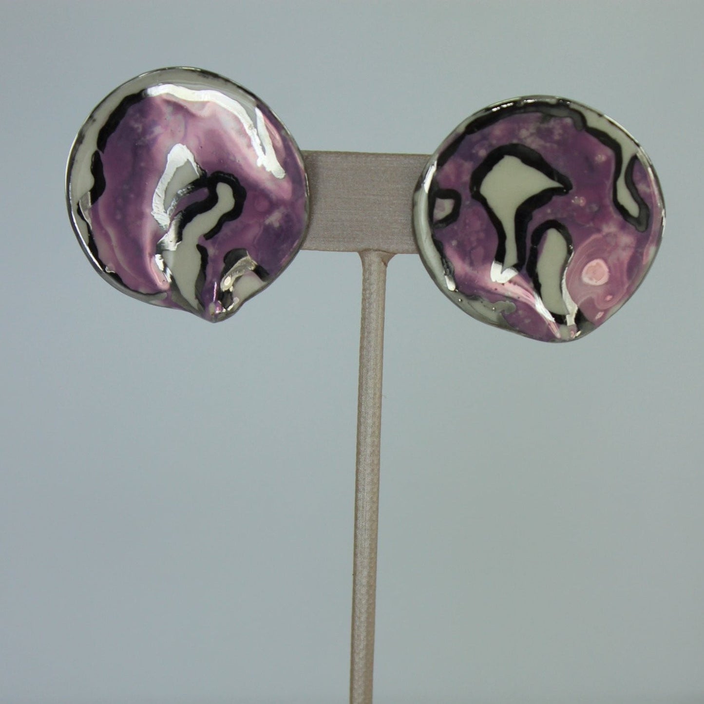Vintage Post Earrings Large Ceramic Free Form Lavender Purple White Silver