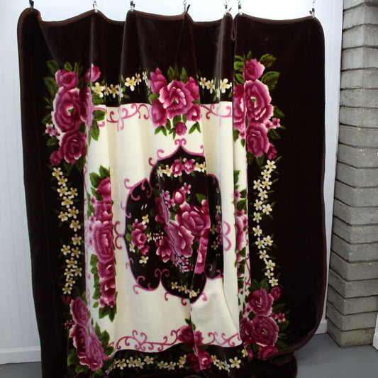Plush Mink Large Blanket Reversible Brown Cream Rose Medallion Center 90" X 78"  Heavy