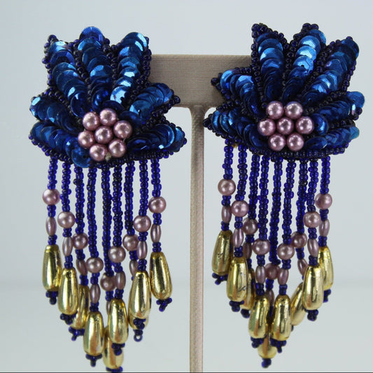 Hand Made Post Earrings Huge Sequin Beads Fandango 4" Length carnival