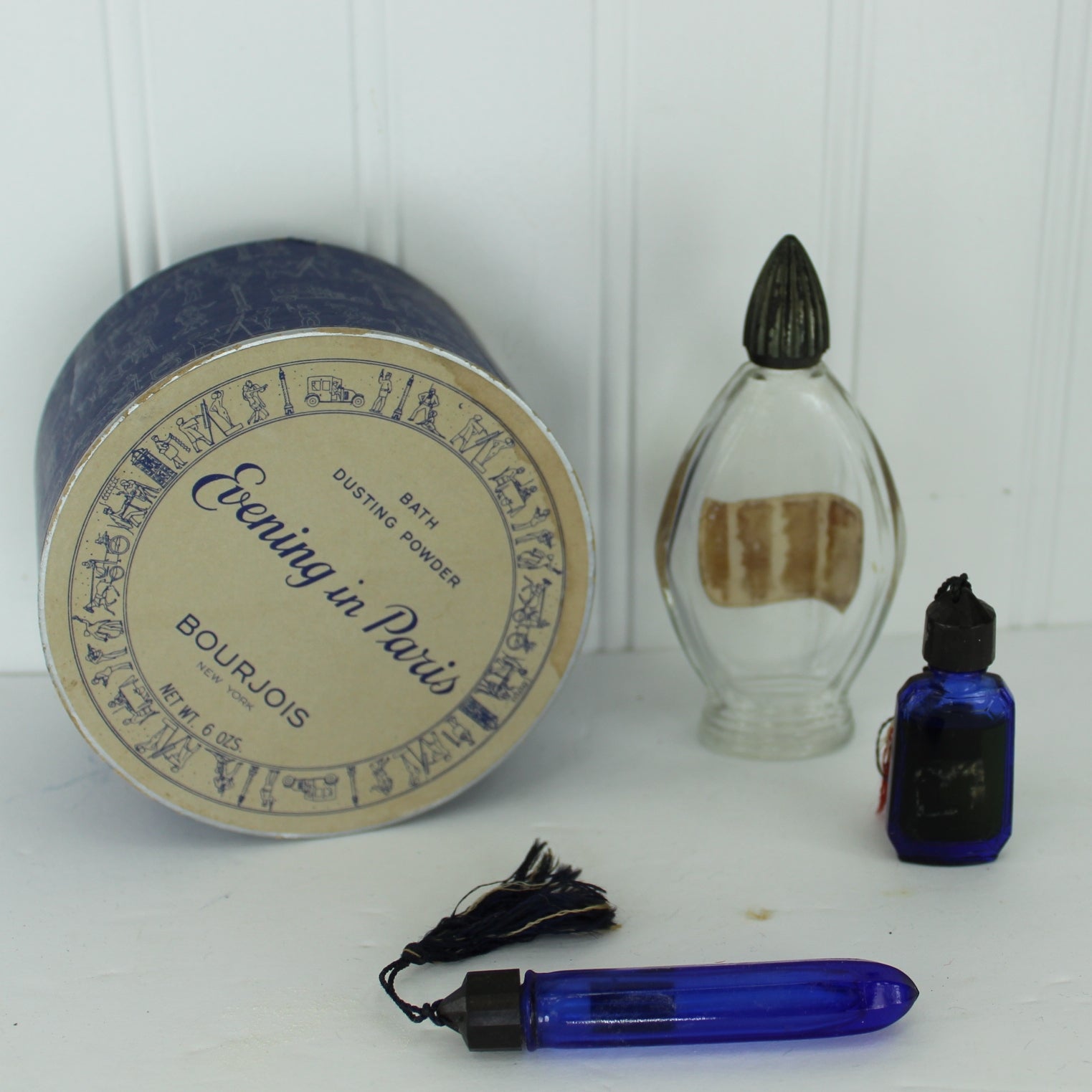 Vintage ~Evening selling in Paris~ Cobalt Bourjois Cologne Bottle, Faceted Cobalt Vial & Full Sachet Powder Bottle