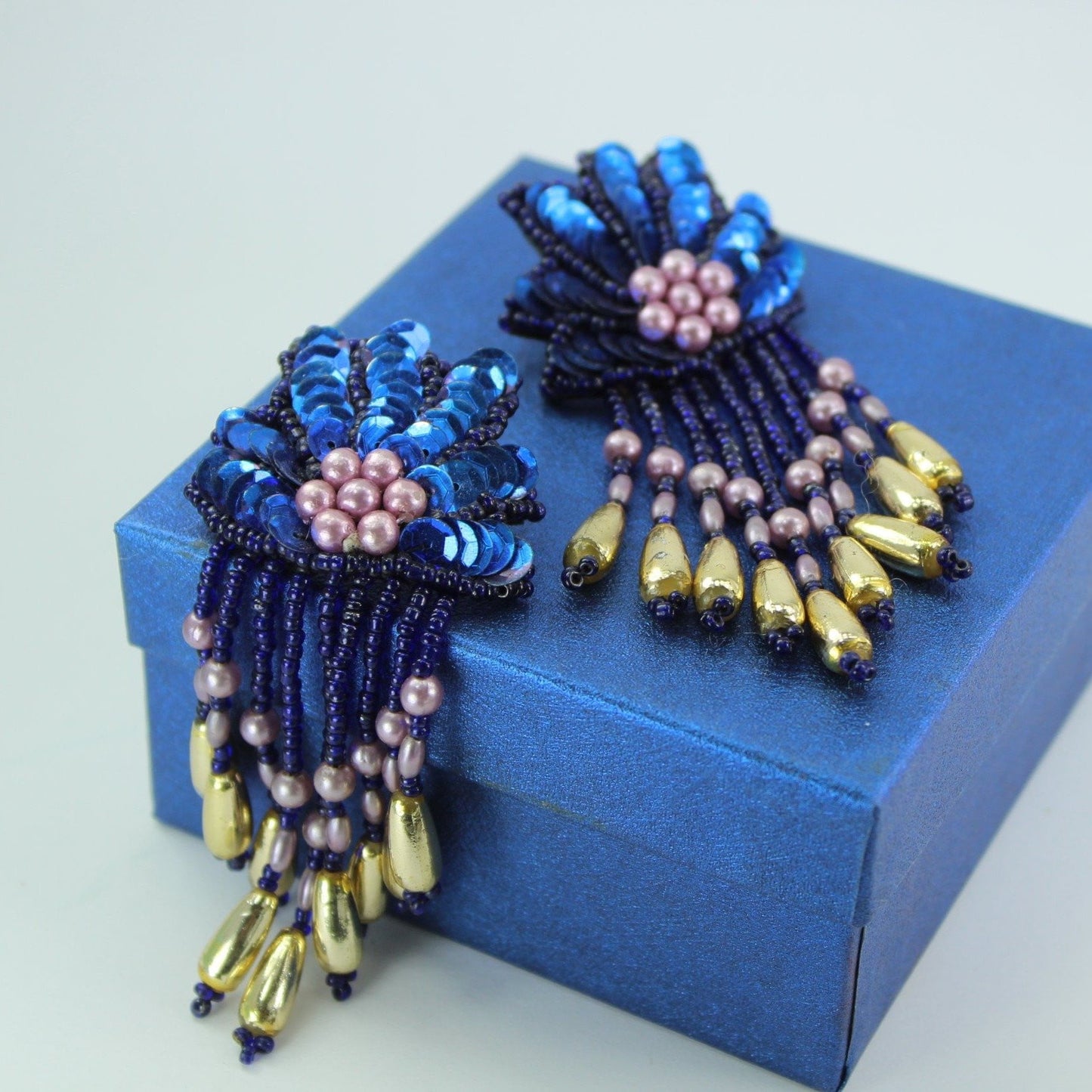 Hand Made Post Earrings Huge Sequin Beads Fandango 4" Length Honkers