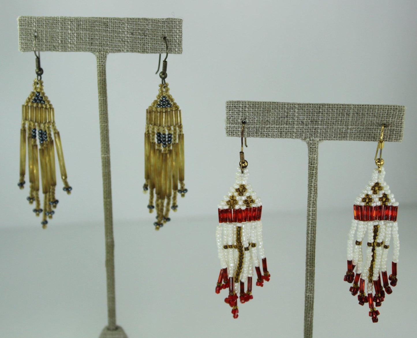 Vintage Native Style Earrings 2 Pairs Glass Seed Bead 3" Length 