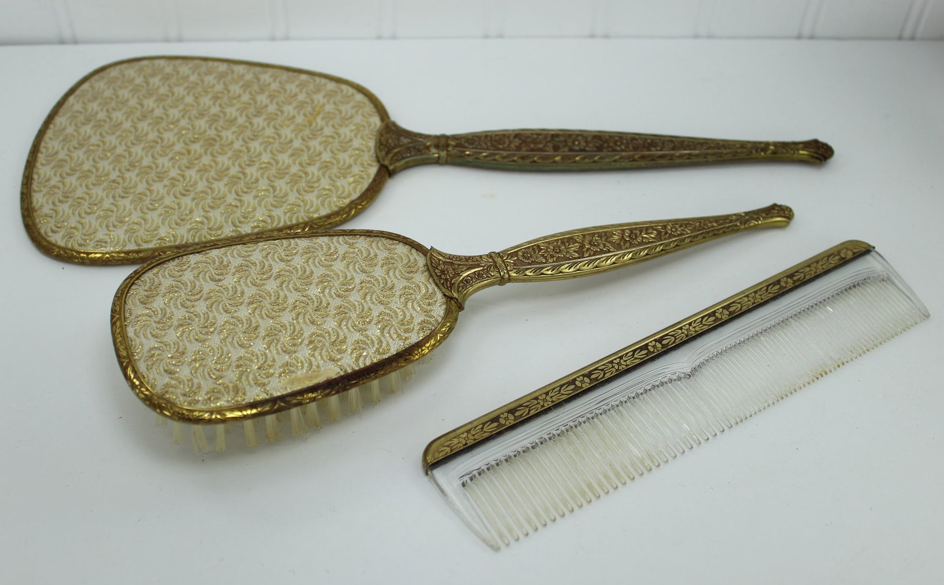 Vintage 1950s Vanity Set Hand Mirror Brush Comb Gold Damask Fabric Backs intact set