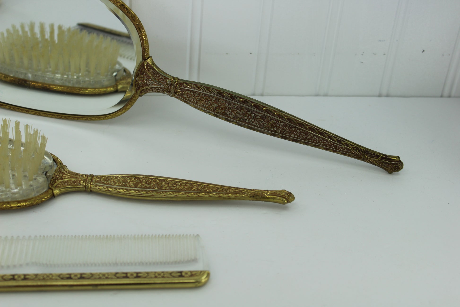 Vintage 1950s Vanity Set Hand Mirror Brush Comb Gold Damask Fabric Backs long handle hand mirror