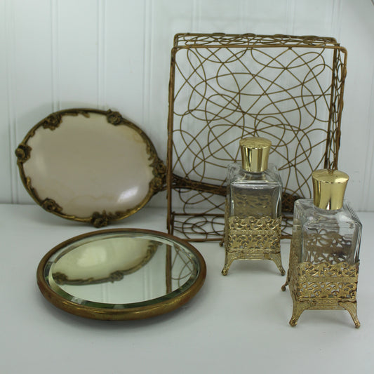 Collection Vintage Vanity Roses Hand Mirror Display Footed Mirror  Filigree Bottles Wire Basket Perfume & Vanity