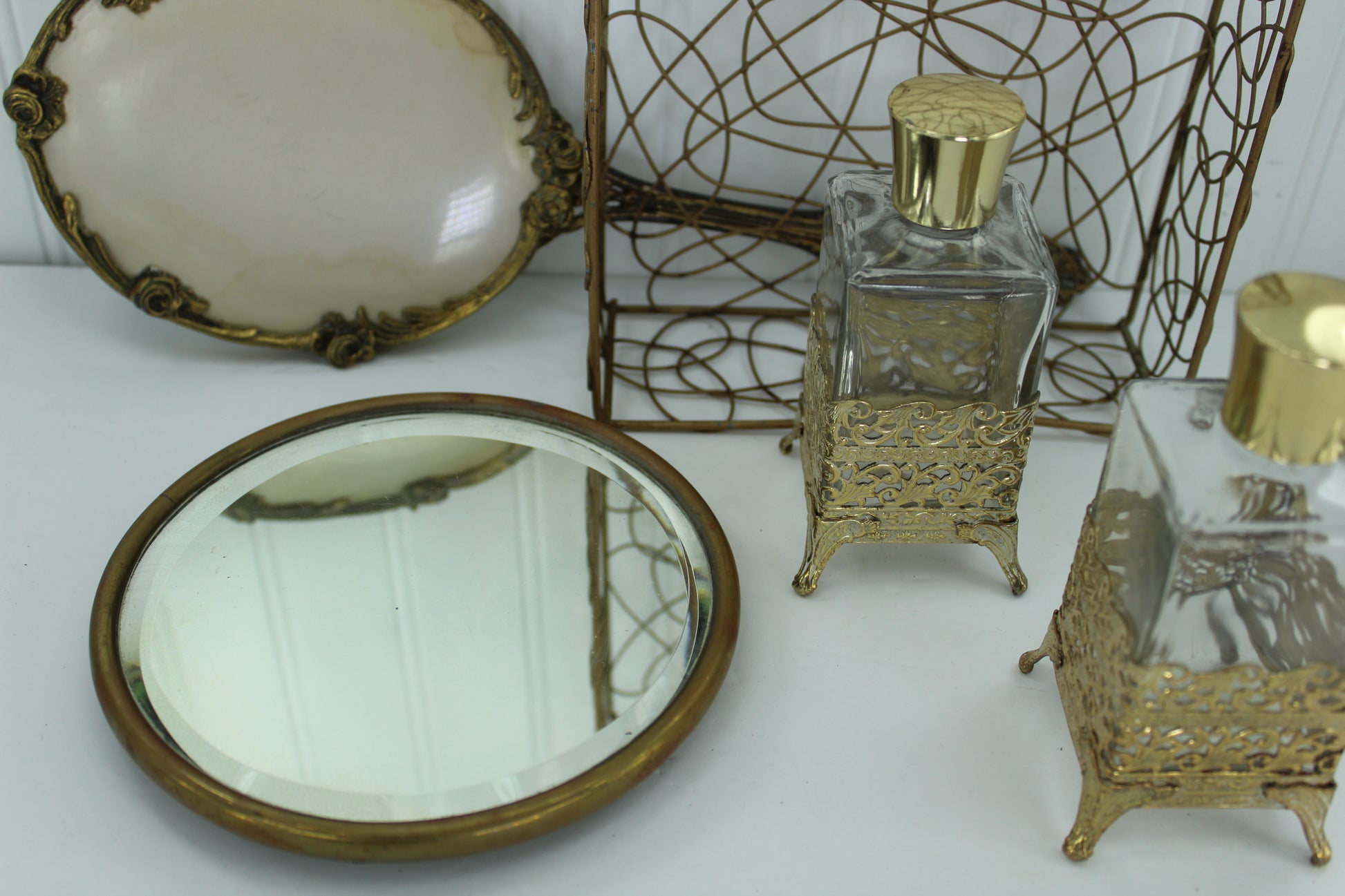 Collection Vintage Vanity Roses Hand Mirror Display Footed Mirror  Filigree Bottles Wire Basket cosmetic bottles