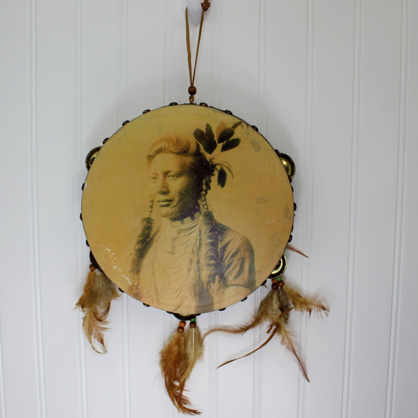 Tambourine Souvenir Native American Picture Feathers Beads Wall Decor
