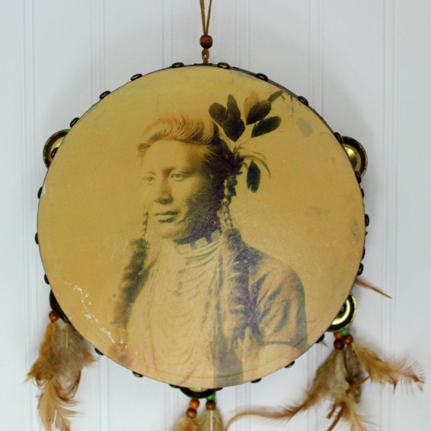 Tambourine Souvenir Native American Picture Feathers Beads Wall Decor handsome photo native american