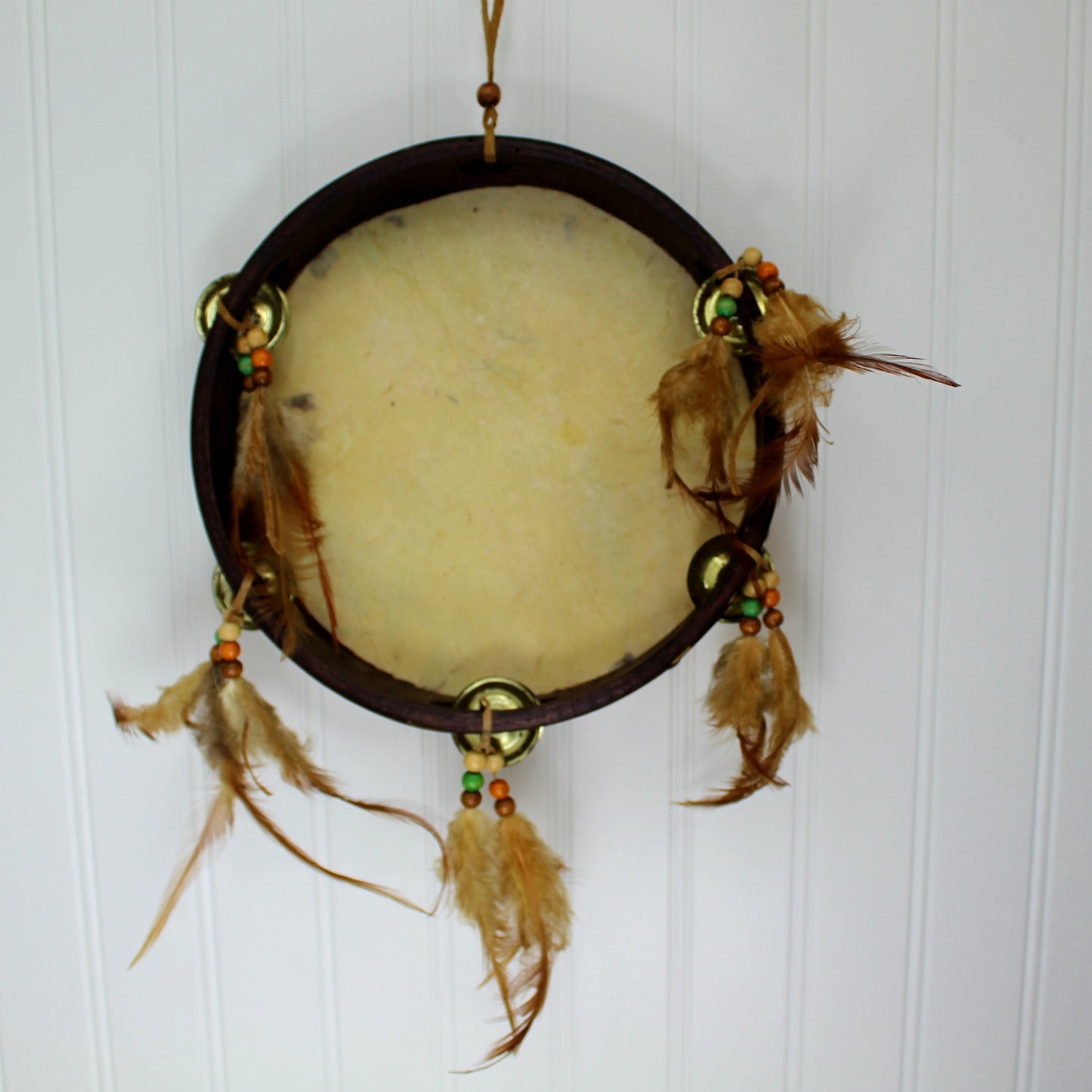 Tambourine Souvenir Native American Picture Feathers Beads Wall Decor back of tambourine