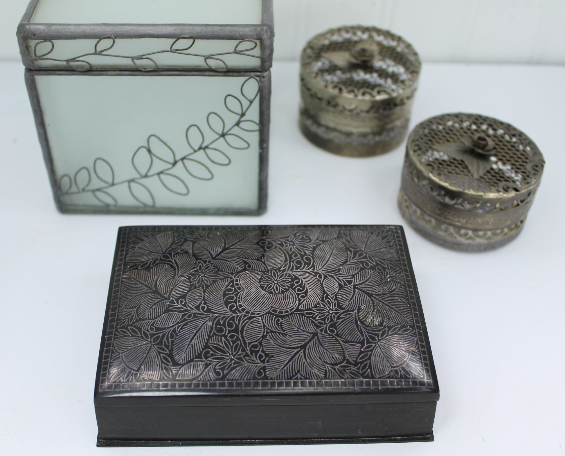 Collection Lot 4 Boxes Frosted Glass Etched Black Silver & Filigree