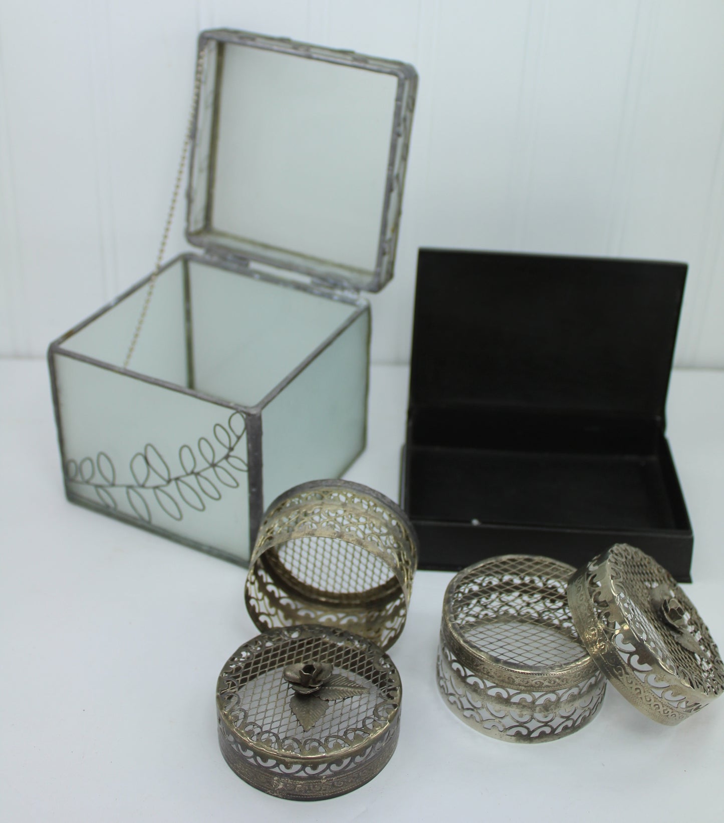 Collection Lot 4 Boxes Frosted Glass Etched Black Silver & Filigree great gift boxes