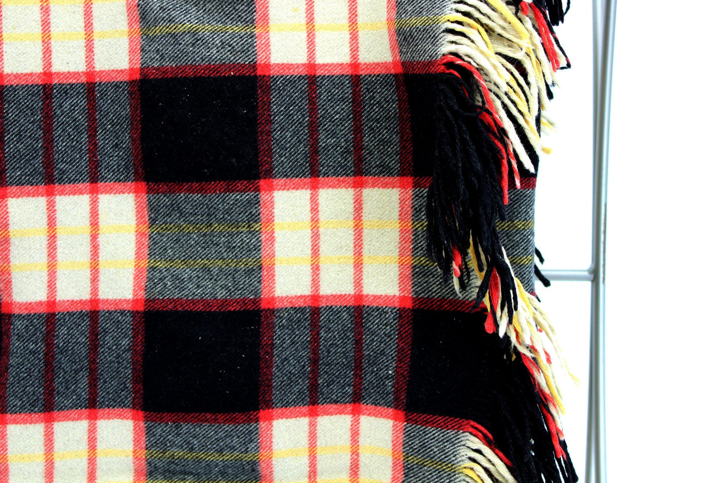 "Mister" Fringed Estate Throw Blanket Plaid Cream Red Back Yellow Fine Wool closeup view of plaid