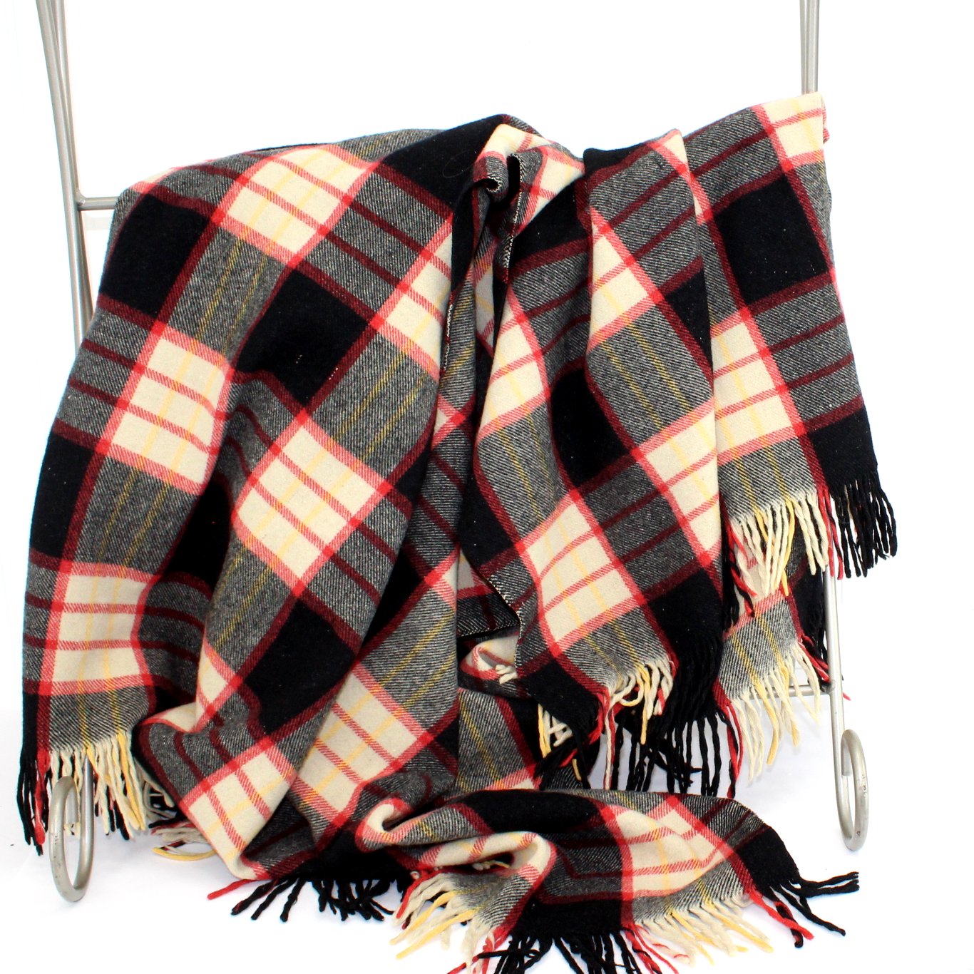 "Mister" Fringed Estate Throw Blanket Plaid Cream Red Back Yellow Fine Wool