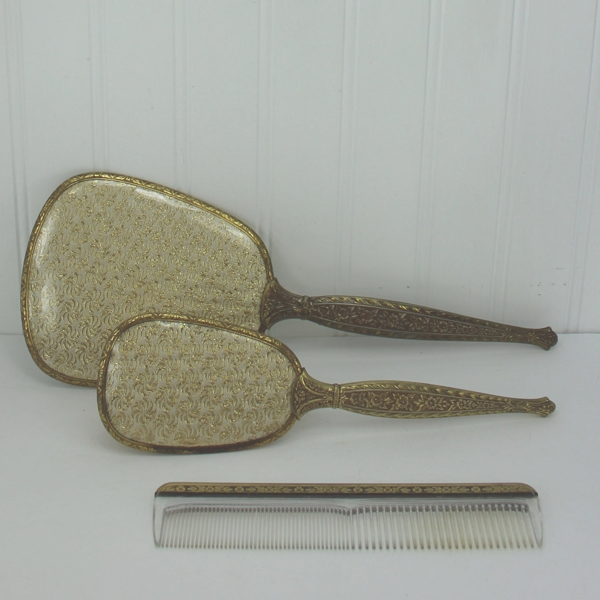 Vintage 1950s Vanity Set Hand Mirror Brush Comb Gold Damask Fabric Backs