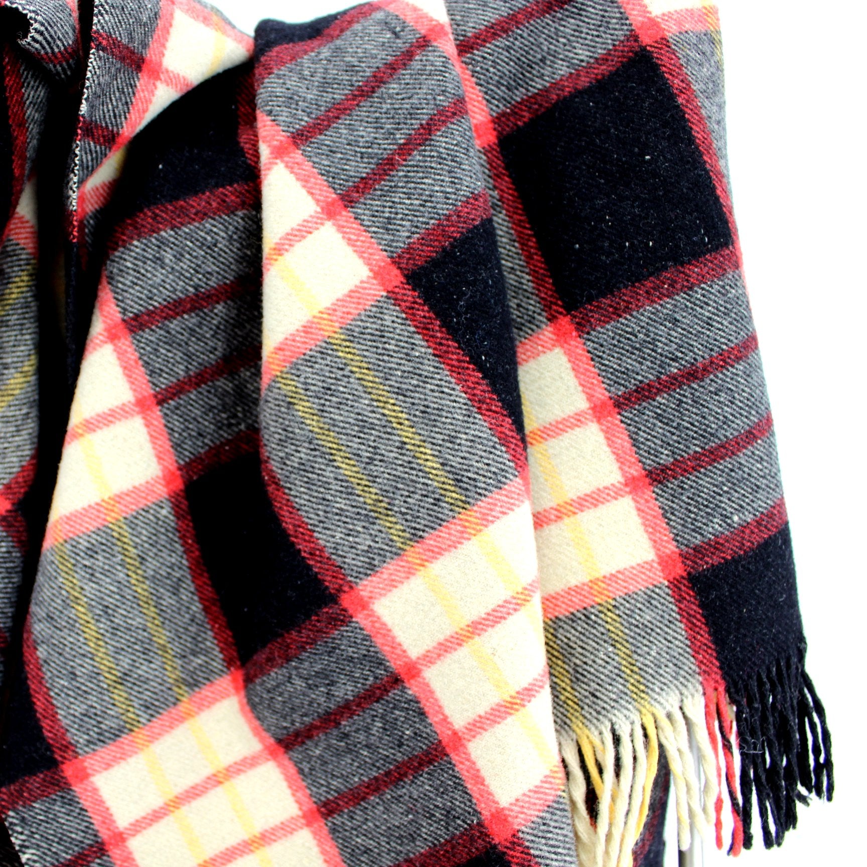 "Mister" Fringed Estate Throw Blanket Plaid Cream Red Back Yellow Fine Wool other closeup view of design