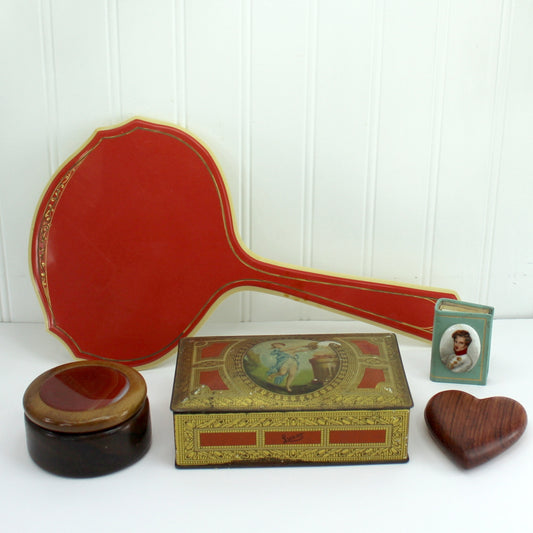 Exceptional Collection of 5 Unusual Vintage Vanity Pieces Luxor Nail Tin Hand Mirror Heart Wood Mirror