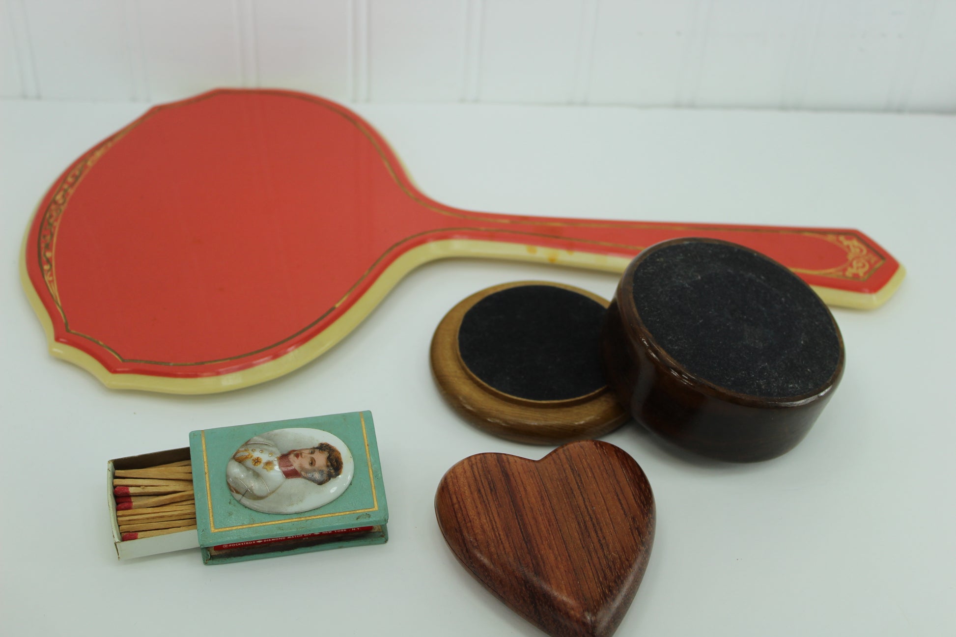 Exceptional Collection of 5 Unusual Vintage Vanity Pieces Luxor Nail Tin Hand Mirror Heart Wood Mirror nouveau mirror