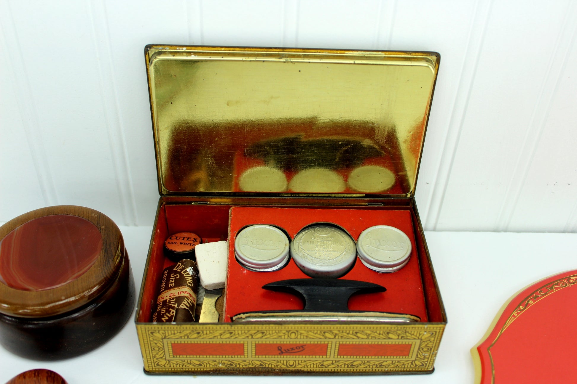 Exceptional Collection of 5 Unusual Vintage Vanity Pieces Luxor Nail Tin Hand Mirror Heart Wood Mirror nail box 1940s