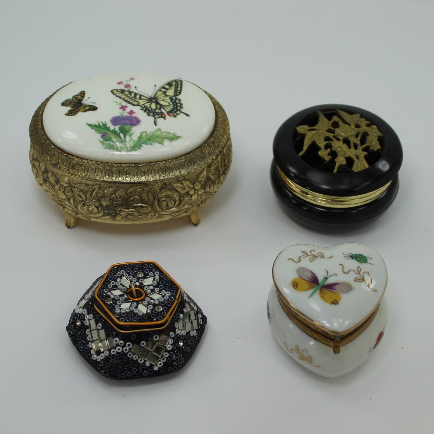 Collection 4 Small Boxes Rococo Heart Porcelain Ardalt Japan Butterfly Insects