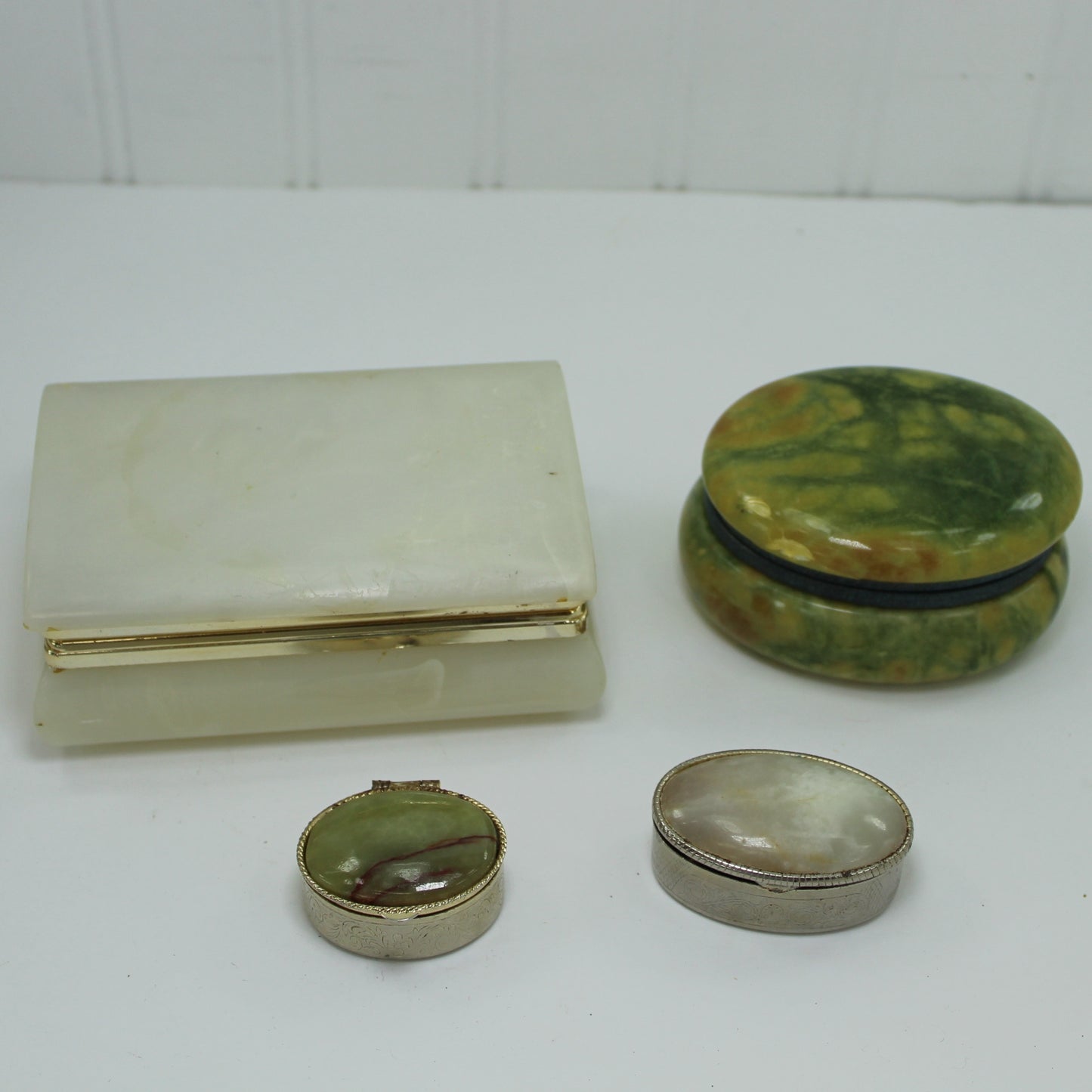 Collection 4 Small Boxes Alabaster Italy Trinket Pills Green Ivory
