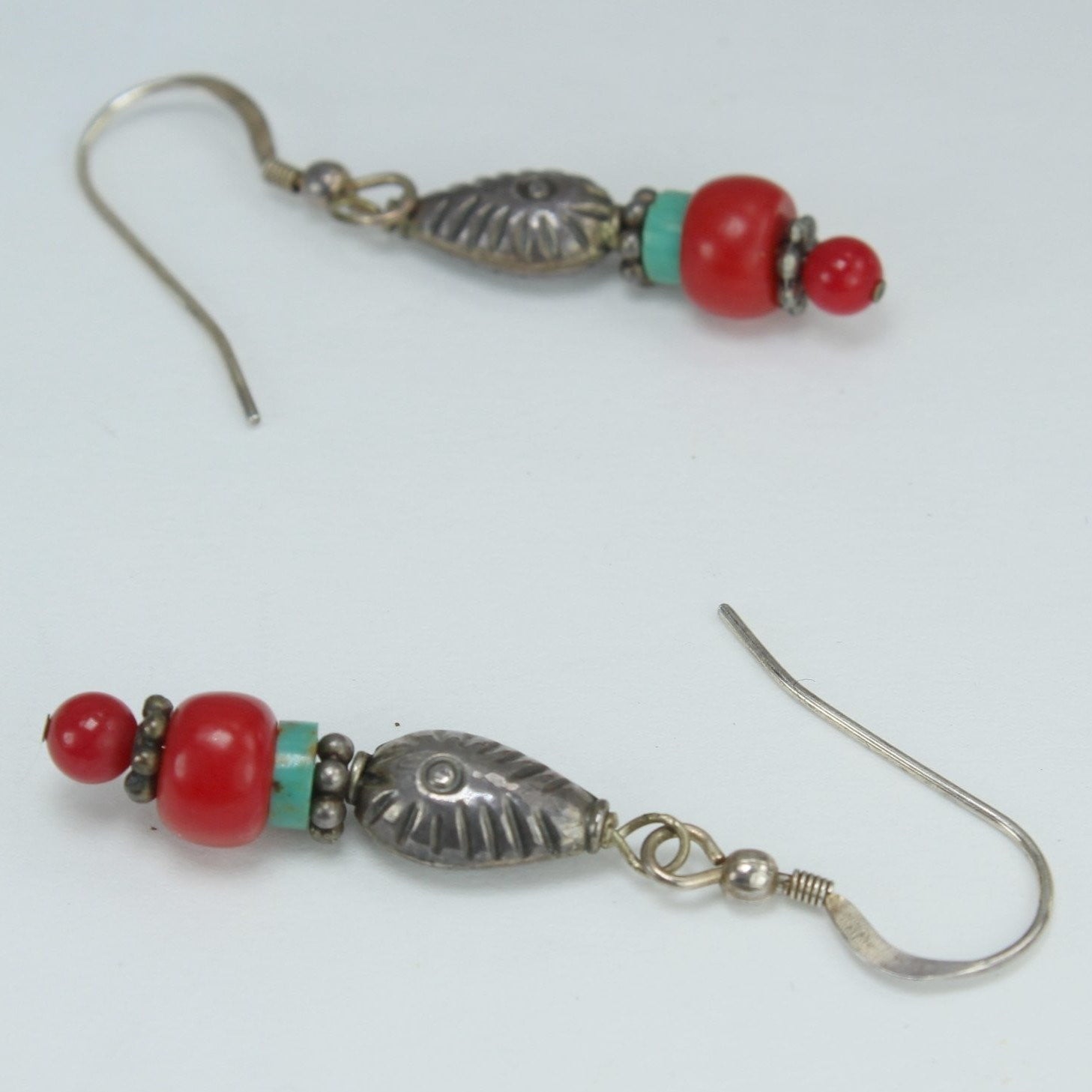 Earrings Turquoise Coral Red Stones Silver Fish Beads Fish Shepherd Hook stone beads