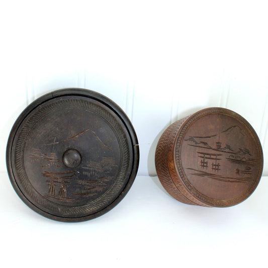 Pair Oriental Vintage Wood Boxes Trinket Jewelry Powder Box