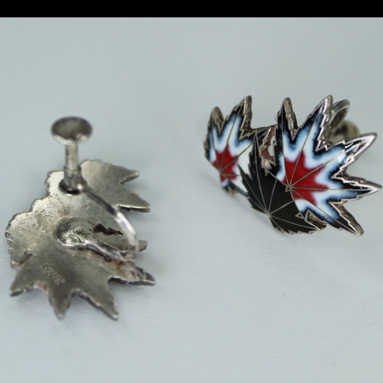 Vintage Enamel Earrings Silver Modernist Leaves Black Red Denmark Style finely crafted