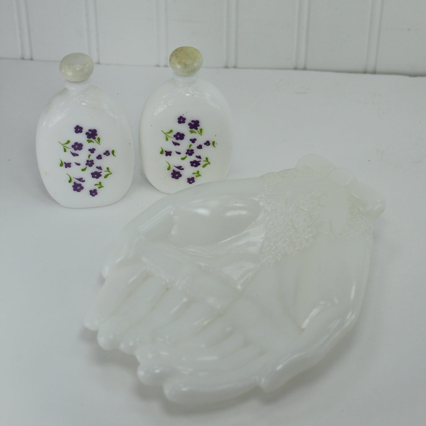 Avon Vintage Vanity Collectibles Milk Glass Hand 2 Painted Violet Perfume Bottles