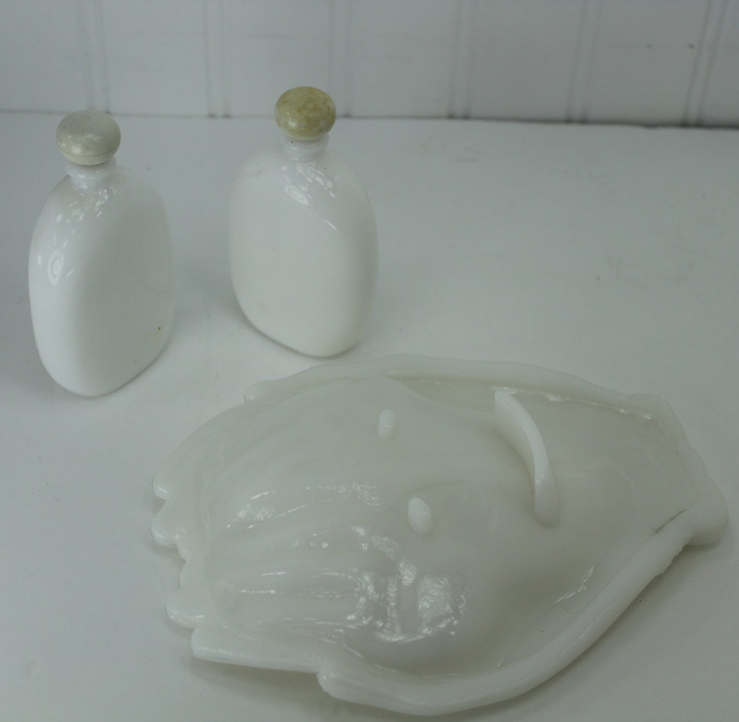 Avon Vintage Vanity Collectibles Milk Glass Hand 2 Painted Violet Perfume Bottles soap dish 