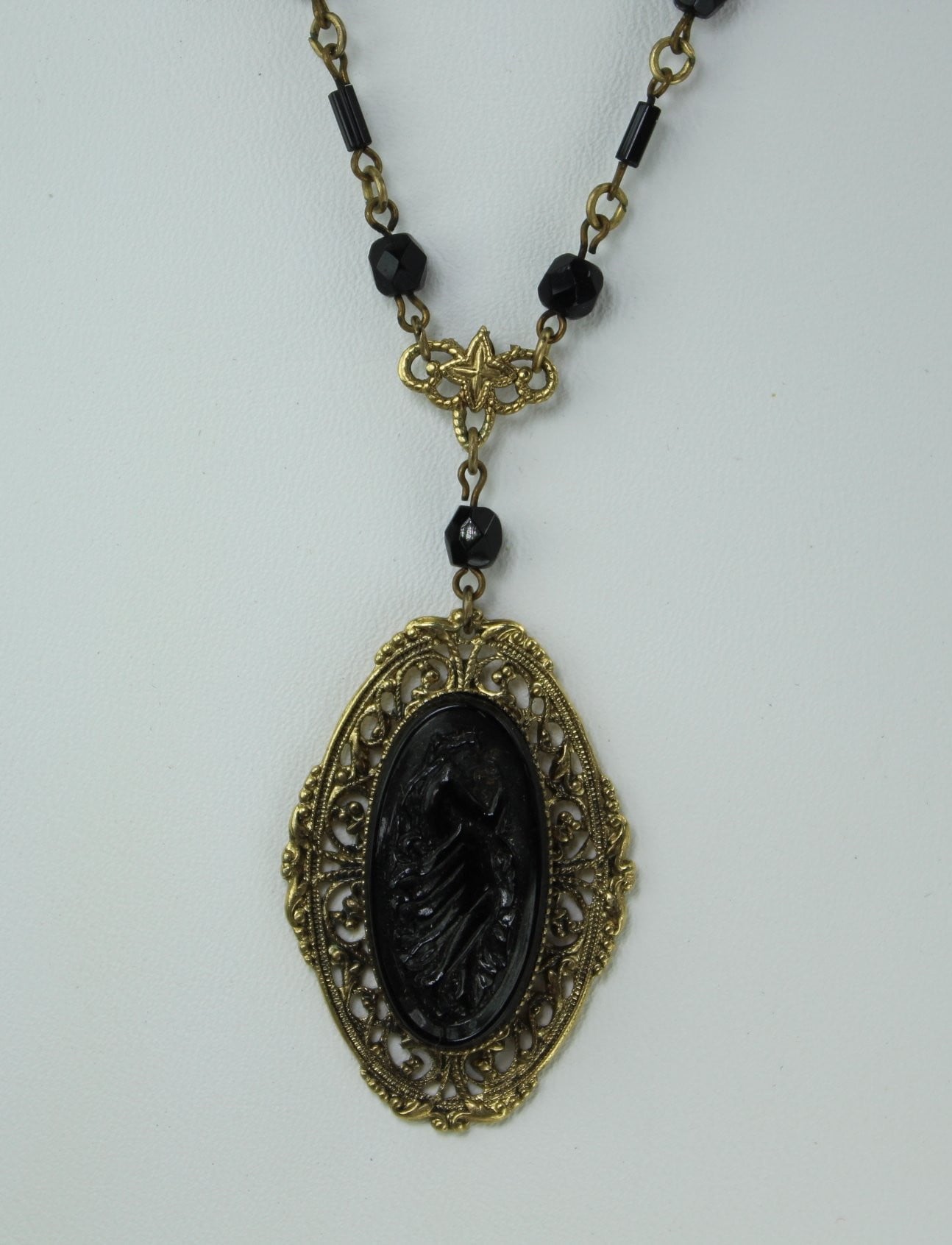 Filigree Necklace "1928" Maker Black Pendant Figure Victorian Style Repro mourning