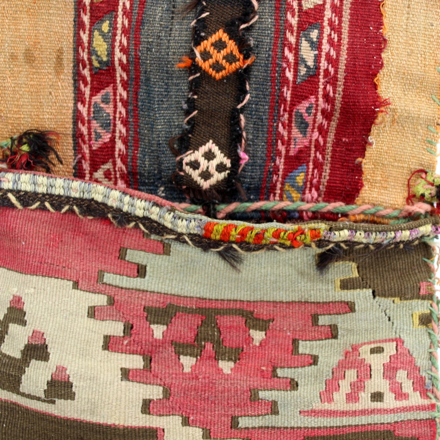 Old Camel Saddle Bag Kilim Hand Woven Used Shabby Authentic Decor Item cloeup center portion of blanket
