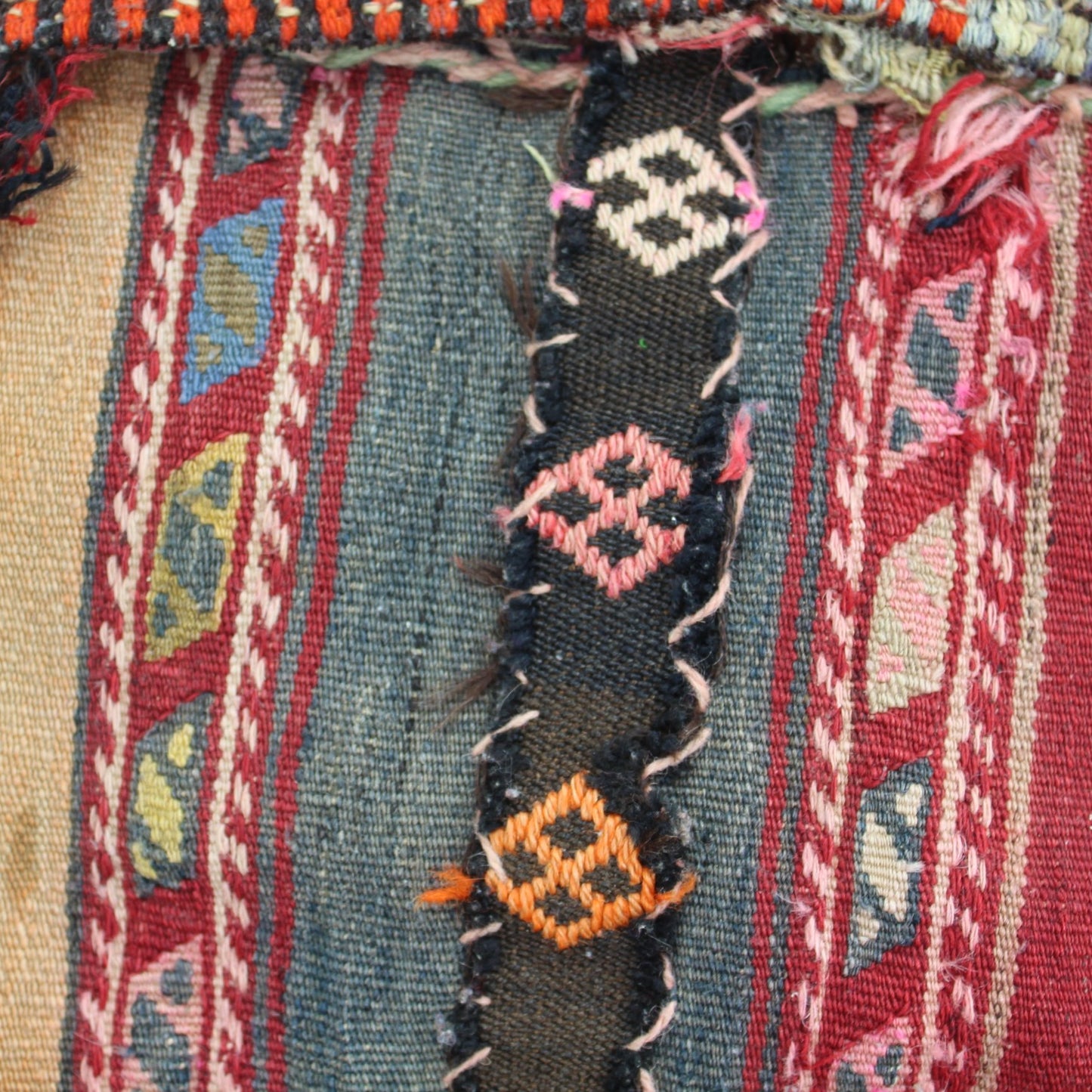Old Camel Saddle Bag Kilim Hand Woven Used Shabby Authentic Decor Item woven work closseup