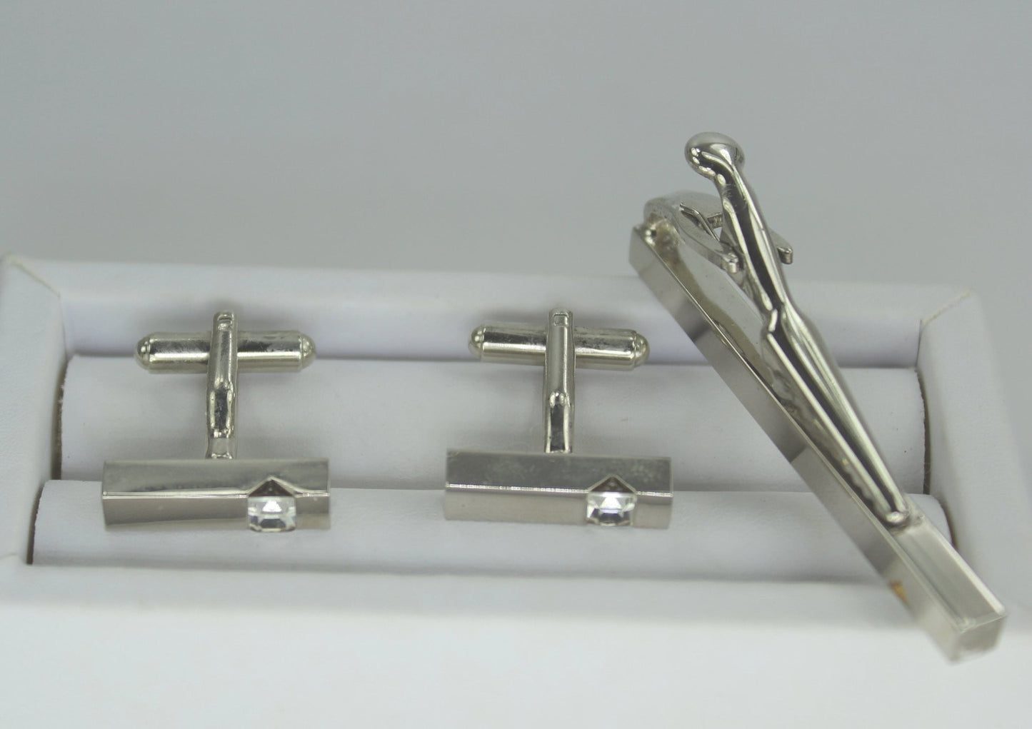 Vintage Mod Set Cuff Links Tie Bar Clip Silver Tone Sparkle cz?