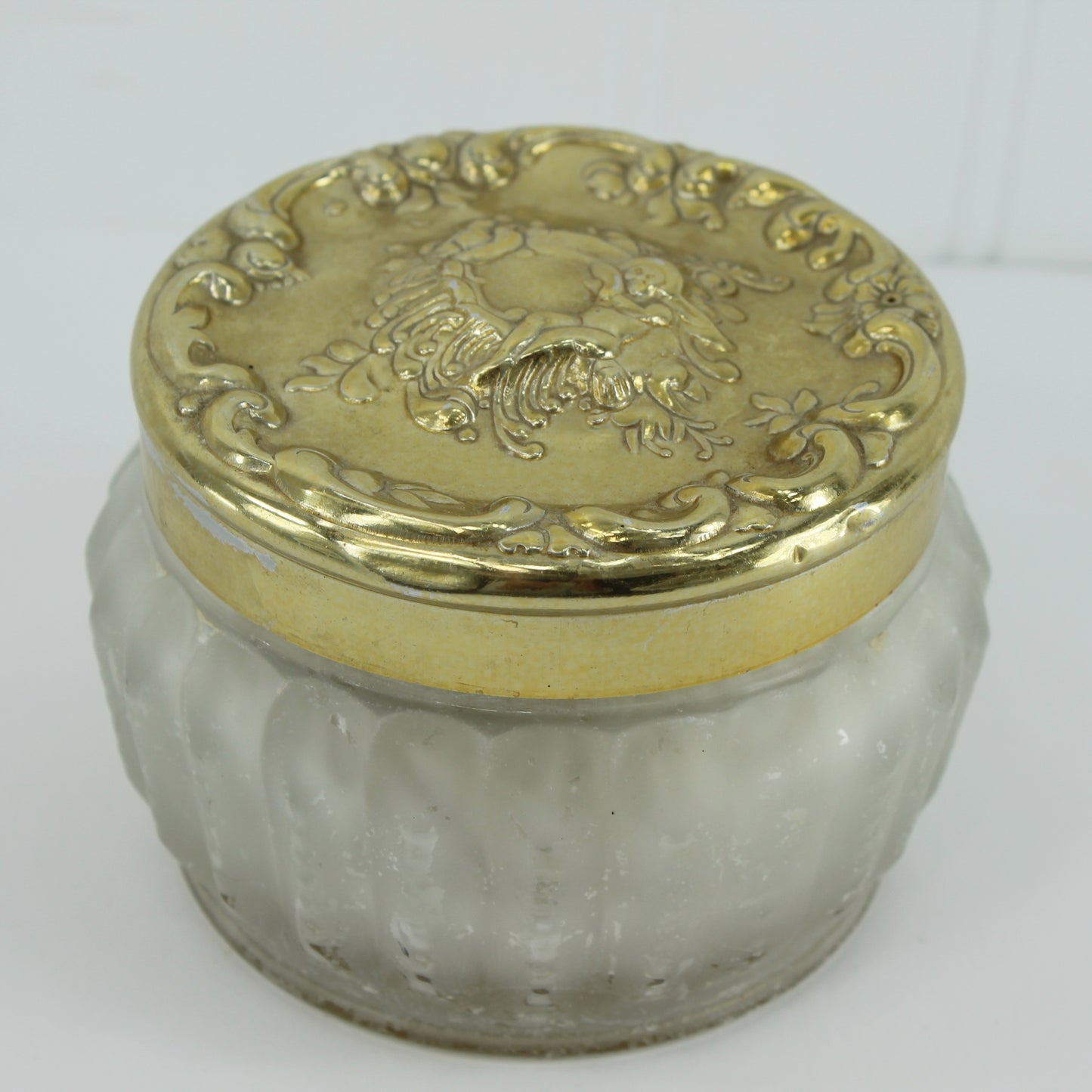Vintage Estee Lauder Renutrive Face Powder in Glass Cherub Angel Jar Sheer Bisque 1960s