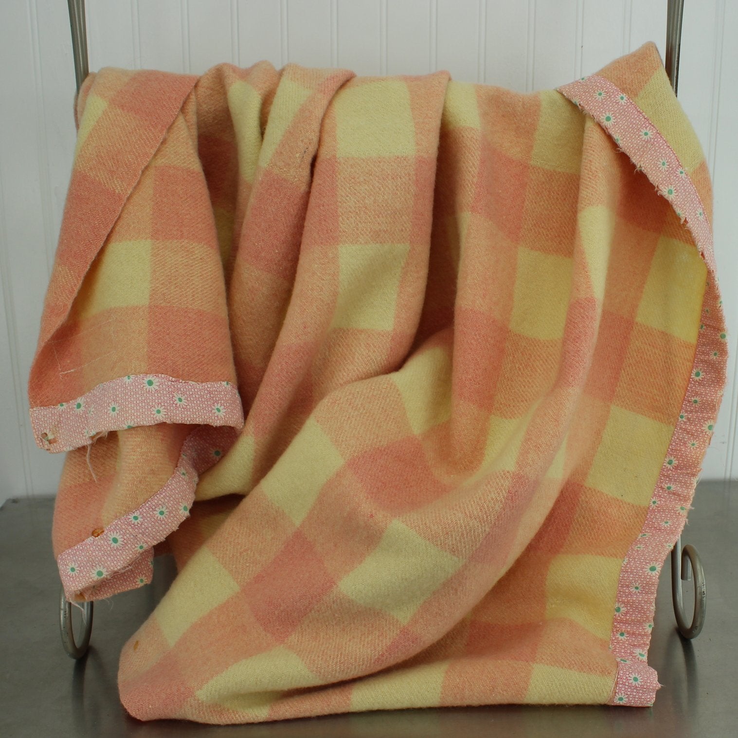 Small Wool Blanket Cream Pink Big Checks Late 1940s Use or Cutter DIY
