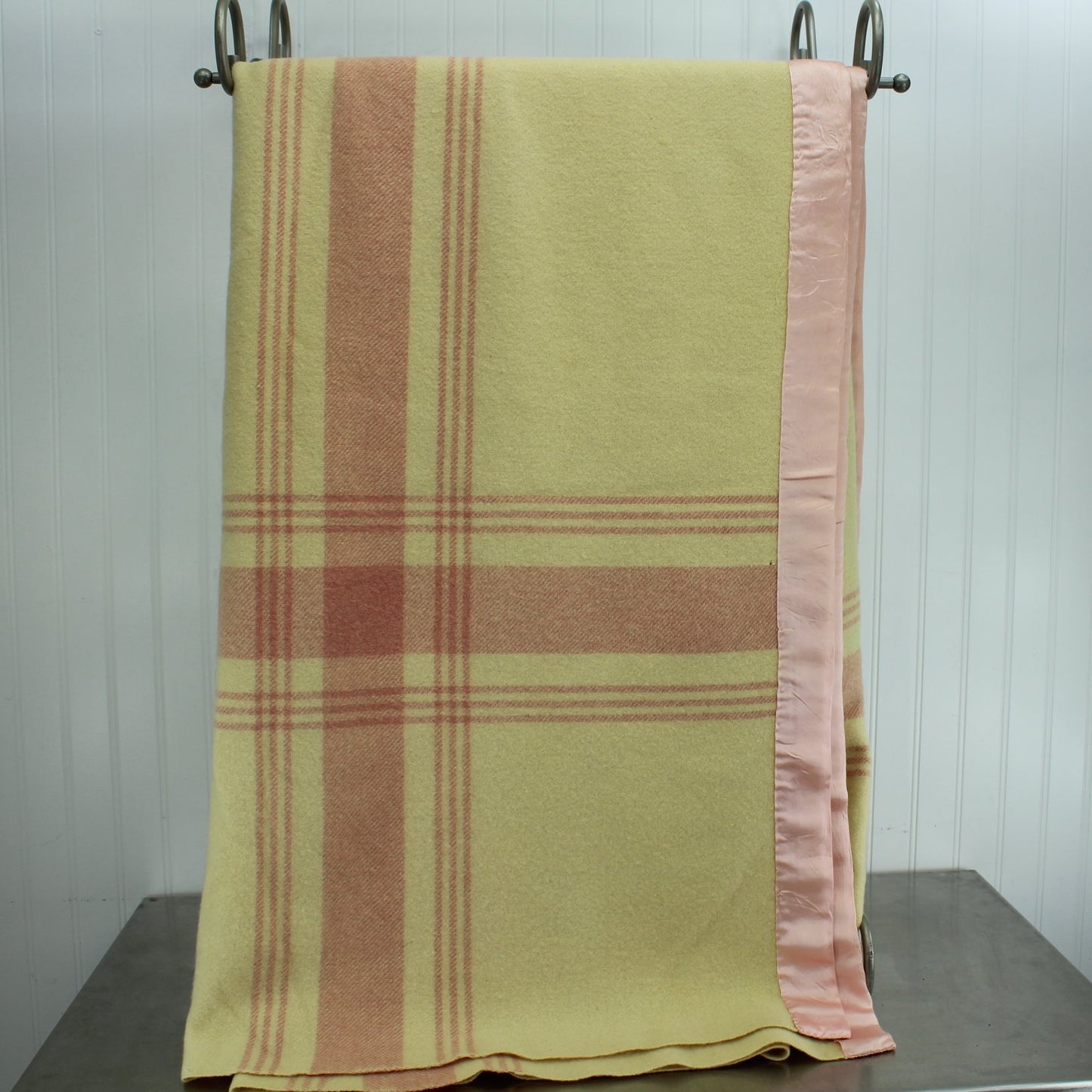 All Seasons Light Medium Cabin Style Wool Blanket Cream Pink Stripes Late 1940s vertical view