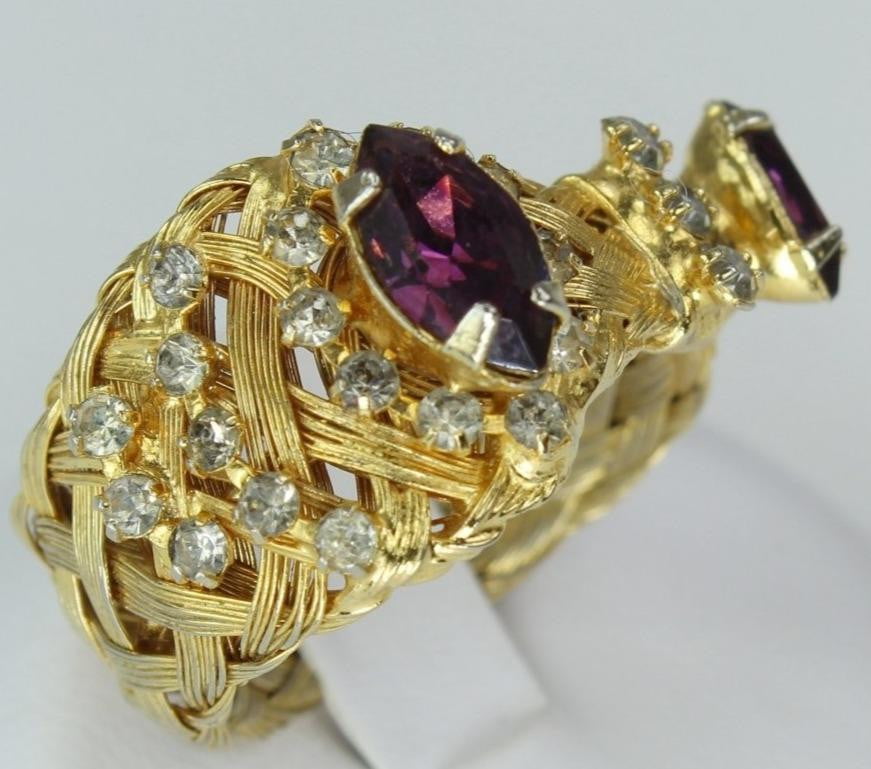 Woven Wire Ring Costume Gold Tone Braided Band Amethyst Color Stone