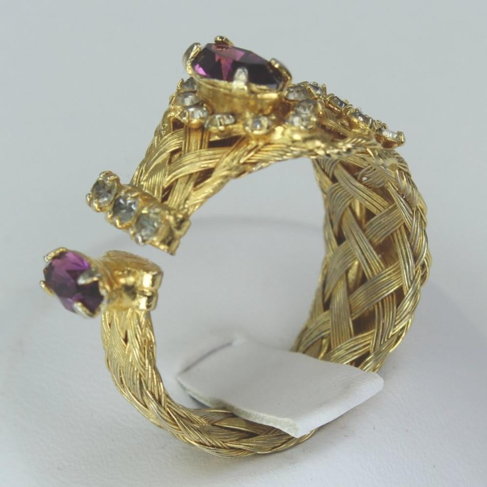 Woven Wire Ring Costume Gold Tone Braided Band Amethyst Color Stone unusual