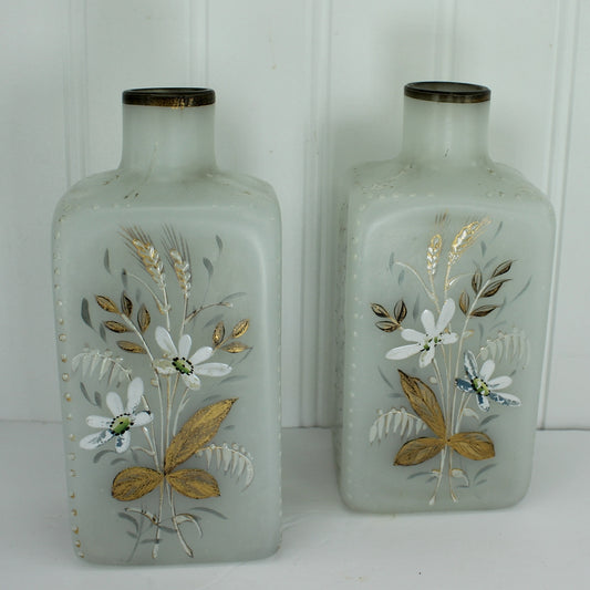 Antique Victorian Pair Barber Scent Bottles Frosted Glass Painted Flowers