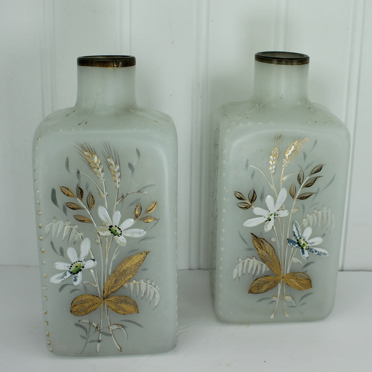 Antique Victorian Pair Barber Scent Bottles Frosted Glass Painted Flowers